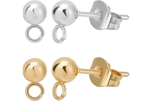 Beebeecraft 100Pcs 2 Colors Ball Stud Earring Findings 24K Gold&925 Sterling Silver Plated 304 Stainless Steel Round Post with Loop for Dangle Earring Jewelry Making DIY