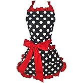 Hyzrz Cute Apron Retro Black Polka Dot Retro Ruffle Side Vintage Cooking Aprons with Pockets for Women Girls (Side Red)
