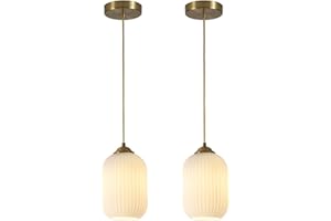 Flyrose Mid Century Gold Pendant Light Fixtures Kitchen Island Hanging Lights White Ribbed Opal Glass Globe Vintage Pendant Light Contemporary Dining Room Lighting Fixtures Over Table (2 Pack)