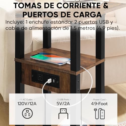 WEAGP Mesa Auxiliar, Mesas Auxiliares en Forma de C con Estación de Carga Mesa Auxiliar 2 Puertos USB y Tomas de Corriente Estación de Carga para Espacios Pequeños Sala de Estar Dormitorio (Marrón)