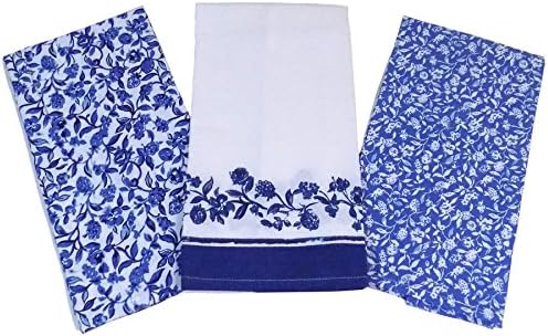 PACK OF 3 BLUE WHITE FLORAL BERRY 100% COTTON TEA TOWELS 45CM X 65CM