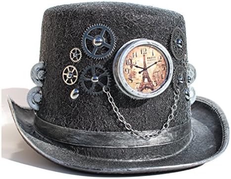 Masada Goods, Steampunk Top Hat With Metallic Silver Gears and Dummy Clock.