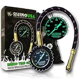 Rhino USA Heavy Duty Tire Pressure Gauge (0-75 PSI) - Certified ANSI B40.1 Accurate, Large 2" Easy Read Glow Dial, Premium Braided Hose, Solid Brass Hardware, Best for Any Car, Truck, Motorcycle, RV&hellip;