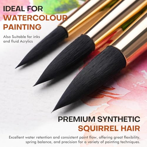 Fuumuui 10Pcs Professional Watercolour Brushes, Synthetic Squirrel Hair Brush Set Variety Shapes with Round Pointed, Flat, Cat's Tongue, Dagger for Watercolour Acrylic Gouache Inks Painting