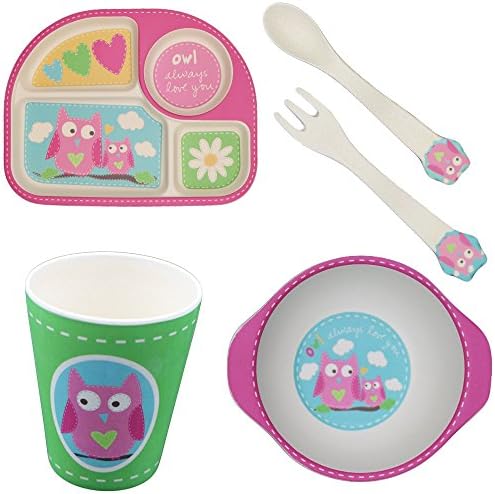 Bamboo Plates More Eco-Friendly, Cartoon Dinner Plate Sets Easily Wash Clean, 5 Pieces Kids Meal Sets For 1-6 Years Old Children's Tableware Gift-Set（Owl)