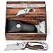 Utility Knife Folding Box Cutter - Best Work Knife with Clip. 2 in 1 Serrated All Purpose Blade. Wooden Handle. Includes Leather Sheath and 5 Extra Razor Blades. Great Gift Idea by Vermont.