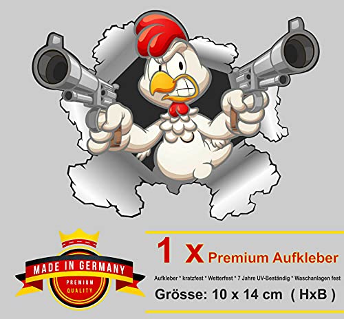 💕 Premium Auto Aufkleber Motiv verrücktes Huhn Einschussloch Pistolen 💕 10x14 cm 💕 Lustiger Sticker Hahn Henne Spaß Fun… – Bild 3
