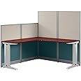 Bush Business Furniture Office in an Hour 3 Person L Shaped Cubicle Desks with Storage, Drawers, and Organizers in Hansen Cherry | Triple Workstation Set with Privacy Panels for Commercial Workspace