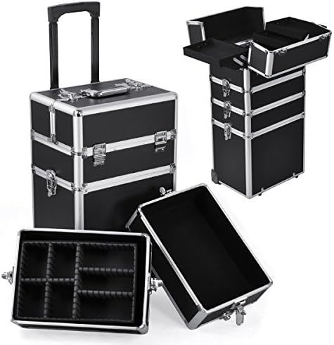 Professional Aluminum Makeup Train Case Organizer, Interchangeable Cosmetic Rolling Train Trolley, Black