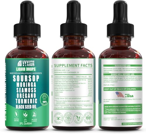 Soursop Bitters Liquid Drops 10 in 1 with Sea Moss, Moringa, Turmeric, Black Seed Oil, Oregano, Ashwagandha | Herbal Extracts for Overall Health-Enhancing | Vegan, Non-GMO | 2 Fl Oz