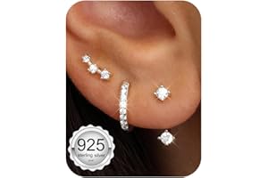 FIASASO 3 Pairs 925 Sterling Silver Hypoallergenic Earrings for Women Trendy - 14K Gold Plated Stud Hoop Cartilage Earrings Set Small Earring Stacks for Sensitive Ears Non Tarnish Dainty Silver Earring