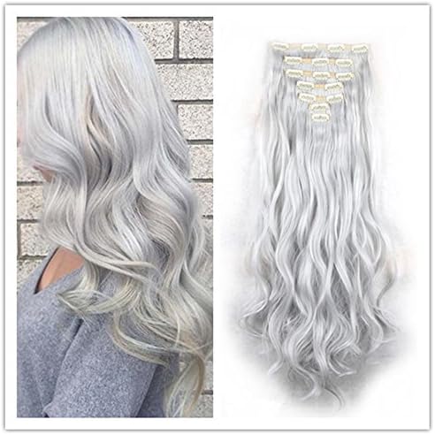 Clip in Hair Synthetic Hair Extensions Curly Wavy Natural Silver Gray Hair 8 Pcs for Women