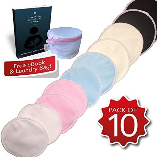 Organic Bamboo Nursing Pads (10 Pack) With FREE Laundry Storage Wash Bag &amp; Ebook - Washable Bra Pads - Ultra Soft - Hypoallergenic - Eco-Friendly &amp; Reusable By Mamaisland