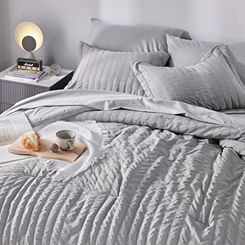 CozyLux King Seersucker Comforter Set with Sheets Light Grey Bed in a