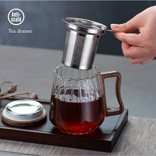 Tea Cup with Infuser and Lid, Glass Tea Cup, Borosilicate Glass Mug, 17oz Tea Mug, Clear Tea Cup for Loose Leaf Tea, Blooming Tea, Tea Bag (Threaded Mug)