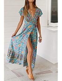 Vestido largo de manga corta para dama, diseño floral, con cuello en V, estilo bohemio