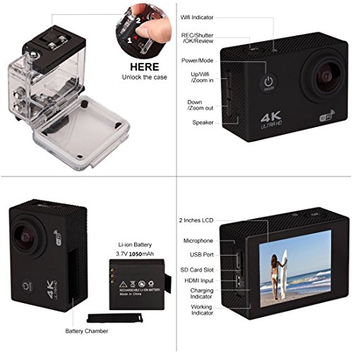Action Camera 4K16MP WiFi Waterproof Sports Diving Cam DV Camcorder 170 Ultra Wide-Angle Len with Sensor 2 Rechargeable Batteries/Floating Hand Grip and Accessories Kit