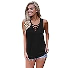 Chvity Women's V Neck Lace up Sleeveless Summer Tank Tops Casual Blouse (XL, Black)