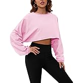 Meladyan Women's Long Sleeve Crewneck Crop Shirt Sweatshirt Casual Solid Loose Fit Workout Cropped Pullover, Baby Pink, Small