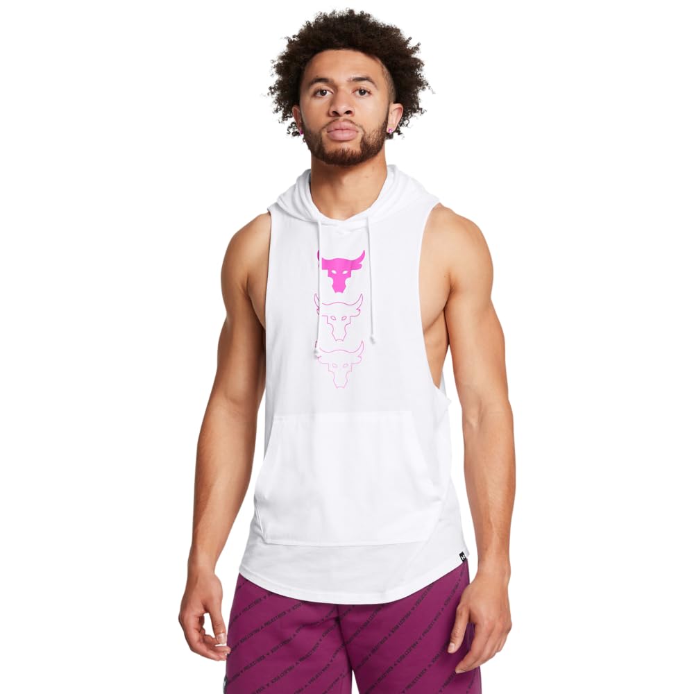 Under Armour Men’s Project Rock Payoff Sleeveless Hoodie, (100) White / / Vivid Magenta, Medium