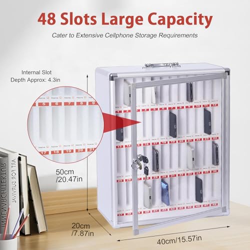 ybaymy 48 Slots Cell Phone Locker Cabinet Aluminum Alloy Pocket Chart Locker Box Wall-Mounted/Freestanding Cell Phones Storage Cabinet with Lock and Handle for Classroom Office Conference Gym