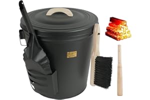 Annie Garden Ash Bucket with Lid and Shovel, Hand Broom and Stick, 5.2 Gallon Large Metal Ash Bucket for Fireplace Tools Set, Fire Pits, Wood Burning Stoves, Indoor and Outdoor, Camping, Grill, Black
