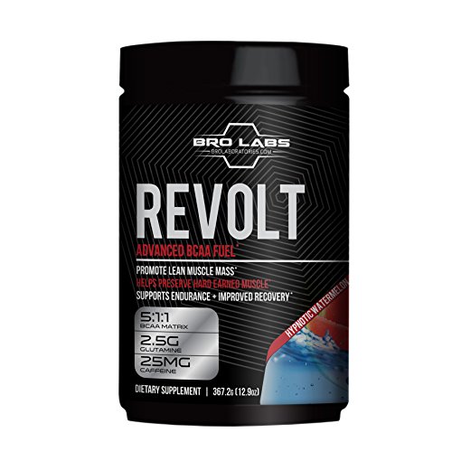 Workout Recovery BCAA Fuel - Revolt - Preserve Muscle Mass, Reduce Fatigue, Improve Weight Loss (5g Leucine + Glutamine + Caffeine) By Bro Labs & Brandon Carter - 12.9 Oz (367.2g), Hypnotic Watermelon