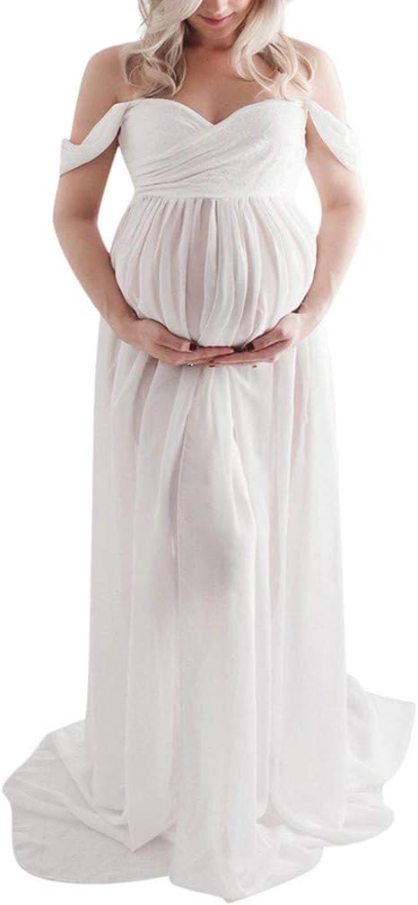 Maternity Photography Props Dress, MITIY Fancy Pregnancy Gown for Baby Shower Photo Shoot (M, White)
