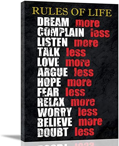 Office Wall Art Bathroom Decor Inspirational Wall Art Motivational Quotes Black White and Red Wall Décor Rules of Life Canvas Print Framed Rustic Canvas Art for Men Women 12x16inch Ready to Hang