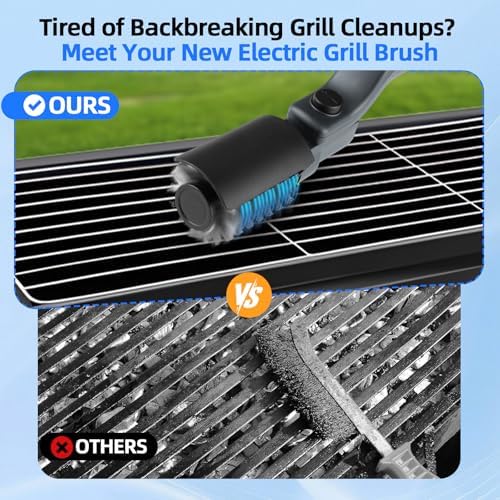 Verbesserte elektrische Grillbürste, Akku-Betrieben mit Verstellbarem Winkel, Edelstahl-Bürstenkopf, 3-Stufen Reinigung, 90 Min Laufzeit, Wasserdicht für Grillroste (Grau)