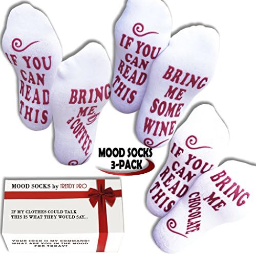 Funny Novelty Gift TALKING SOCKS TRENDY PRO 3 pack wine socks IF YOU CAN READ THIS BRING ME WINE | BRING ME COFFEE | CHOCOLATE Cool Gag Gifts for Women Wine Lovers Wine Enthusiast (3pack- Mood Socks)