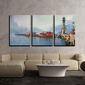 3 Piece Canvas Wall Art - Fishing Boat in Harbor at Morning,Watercolor Painting Style - Modern Home Art Stretched and Framed Ready to Hang - 16"x24"x3 Panels