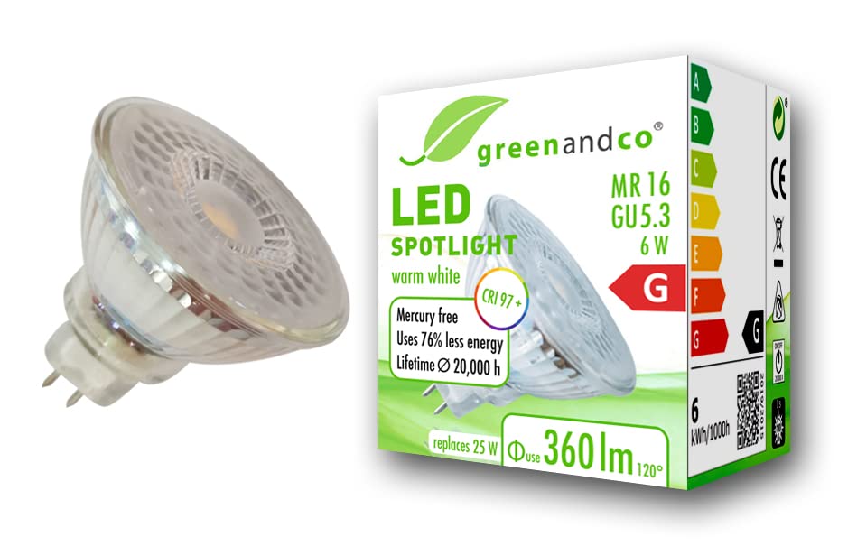 greenandco® CRI 97+ 2700K 110° LED spot Replaces 25 Watt GU5.3 MR16 Halogen Spotlight, 6W 360 Lumen Warm White 12V AC/DC, not dimmable — image 1