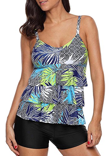 Urban Virgin Womens 2 Piece Bikini Spaghetti Strap Printed Padded Tank Top Tankini Swimsuits for Women Green M(US:8-10)