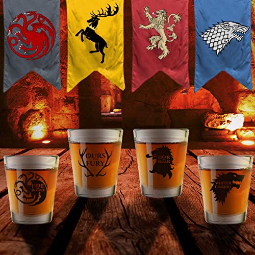 Game of Thrones Inspired Shot Glasses Set of 4 (1.75 oz)- Royal House of Westeros Sigils Stark, Bratheon, Lannister, Targaryen- Gift for Dad, Men, Friends, Him or GOT Fan- Made in USA- Fun Watch Party
