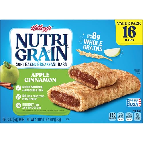 NUTRI-GRAIN BREAKFAST BARS, MADE WITH 10G WHOLE GRAINS, SNACK BARS, APPLE CINNAMON, 20.8OZ BOX, 16 COUNT (PACK OF 3)