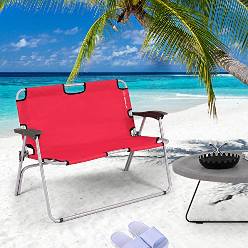 Goplus Folding Loveseat Camping Chair Outdoor 2Person Beach Seat Steel