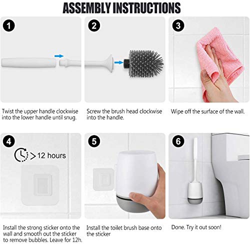 Sysmie Toilet Brush and Holder with a Replacement Head, Silicone Bristles Bathroom Toilet Bowl Brush and Caddy Kit with Bonus Cleaning Gloves - (White, Flooring/Wall Mountable) - Thumbnail 6