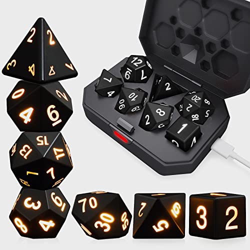 Rechargable DND Dice Set, Light Up Dice with Charging Box, 7 PCS LED Electronic Dices, Dungeons and Dragons Dice Polyhedral Dice Sets for MTG Pathfinder Role Playing Game (Black Shell + Warm Light)