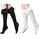 Yuyeran 2 Pairs Lace Knee High Socks Lace Pile Middle Socks Ruffle Velvet Socks Black and White for Women Lady Grils