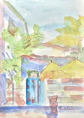 Patio with Yellow Umbrellas, Malaga Cove, Palos Verdes Estates, CA, 8x10 inches, Original Hand Painted Watercolor, Not a Print