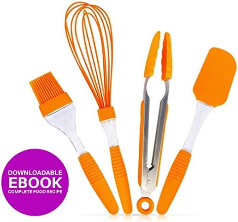 Kitchen Utensil Set | Set of 4 Pieces Silicone Baking Cooking Kitchen Tools in Hygienic Solid Coating | Non Stick Heat Resistant Orange Food Tong Spatula Scraper Basting Brush Whisk with Recipe eBook
