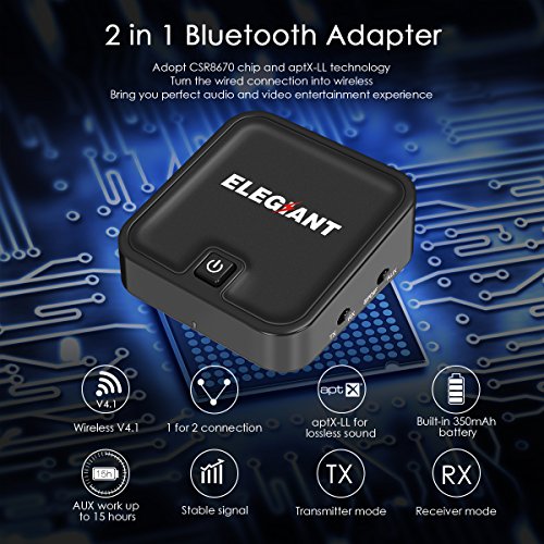 Bluetooth Transmitter Receiver,ELEGIANT apt-X Low Latency 2-in-1 Bluetooth Audio Transmitter Receiver V4.1 with 3.5mm Stereo Output for PC/TV/Car Stereo Audio System/Bluetooth Speakers Headphone - Thumbnail 2