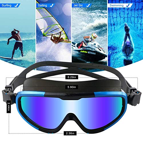 Aquior Blue Swim Goggles, Big Frame Swimming Glass Leakproof Anti Fog UV Protection, 180 Wide-Vision Swim Mask Goggles for Adult Youth Men Women - Thumbnail 2