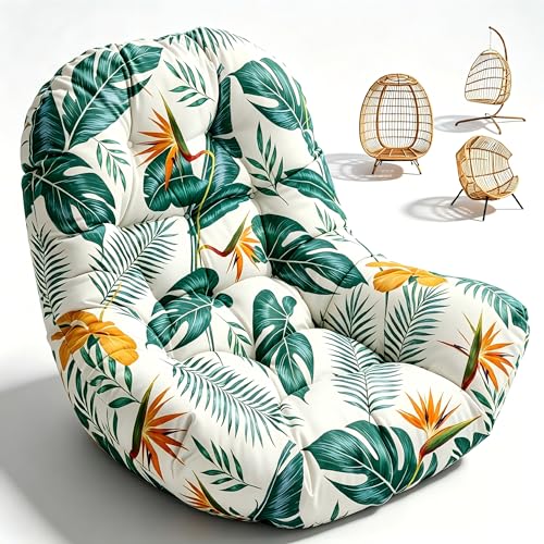 joomie Egg Swing Chair Cushion Replacement Waterproof 120x84x18 cm Thicken Outdoor Patio Hanging Basket Chair Cushions Removable Pad with Ties for Garden Cocoon Egg Hammock Chair, Yellow-Green Leaf