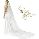 Fruvalin 118-Inch Chapel Length Two-Tier Wedding Veil with Comb and Pearl Gold Hairpin, Soft Tulle Bridal Veil for Church & Outdoor Weddings
