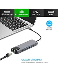 Abonda 5 en 1 adaptador de USB C Hub, USB C, convertidor multipuerto USB C a HDMI 4K, 2 puertos USB 3.0, USB C de carga de energía, 1000M Gigabit Ethernet para MacBook Pro 2016 2017,  Chromebook