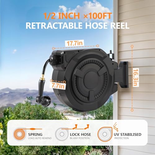 Wikiwiki Retractable Garden Hose Reel 1/2 in x 100 ft, Heavy Duty Wall Mounted Hose Reel with 10- Function Sprayer Nozzle, Any Length Lock/180°Swivel Bracket/Automatic Slow Return System/UV Resistant