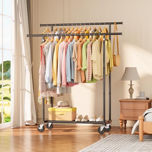 HYSEYY Double Rods Clothing Rack, Rolling Clothes Rack, Metal Garment Rack with 4 Lockable Wheels & Storage Shelf, Sturdy Coat Rack for Bedroom, Laundry, Living Room - 160H x 113W x 42D cm (Black)