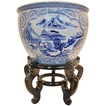 Oriental Furnishings Blue and White Porcelain Garden Pots Painted Landscape (10